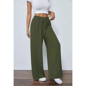 Womens CasualHigh Waist Pants Drawstring Loose Fit Summer Work Pants Trousers with Side Pockets Avocado M