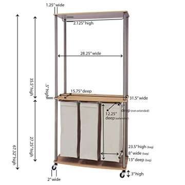 Household Essentials Modern 3 Bag Laundry Center, Light Ash Sorter, Triple, Natural