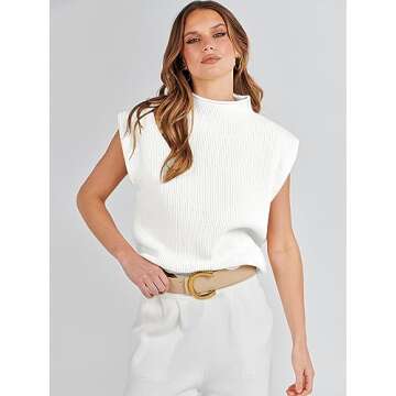 ANRABESS Women's Mock Neck Sleeveless Sweater Vest Casual Cap Sleeve Knit Pullover Tank Tops 2025 Spring Summer Clothes White-M