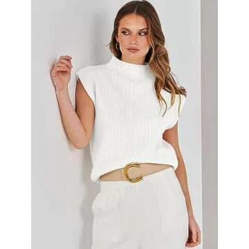 ANRABESS Women's Mock Neck Sleeveless Sweater Vest Casual Cap Sleeve Knit Pullover Tank Tops 2025 Spring Summer Clothes White-M