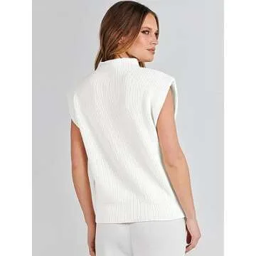 ANRABESS Women's Mock Neck Sleeveless Sweater Vest Casual Cap Sleeve Knit Pullover Tank Tops 2025 Spring Summer Clothes White-M
