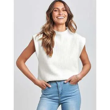 ANRABESS Women's Mock Neck Sleeveless Sweater Vest Casual Cap Sleeve Knit Pullover Tank Tops 2025 Spring Summer Clothes White-M