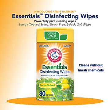 Arm & Hammer Essentials Disinfecting Wipes, Lemon Orchard Scent, 3 Pack, 80 Count, 240 Wipes, Volcan...