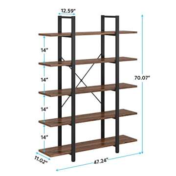 Tribesigns 5-Tier Bookshelf, Vintage Industrial Style Bookcase 72 H x 12 W x 47L Inches