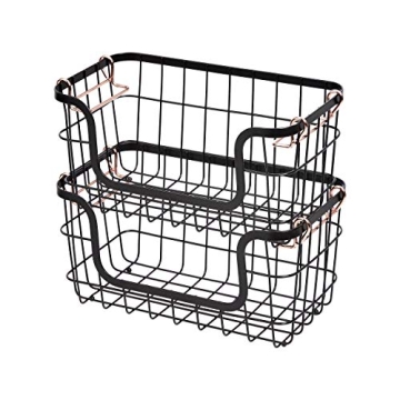 Amazon Basics Stackable Metal Wire Rectangular Storage Basket Set For Kitchen or Bathroom, 2 Count, Black