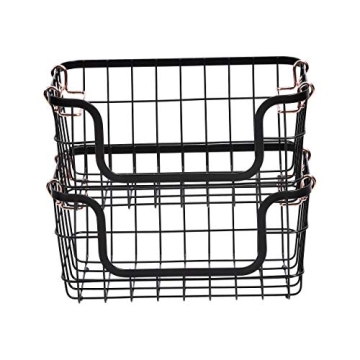Amazon Basics Stackable Metal Wire Rectangular Storage Basket Set For Kitchen or Bathroom, 2 Count, Black