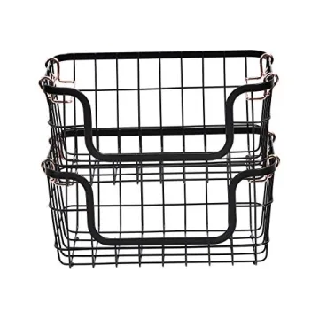 Amazon Basics Stackable Metal Wire Rectangular Storage Basket Set For Kitchen or Bathroom, 2 Count, Black
