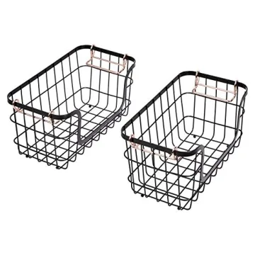 Amazon Basics Stackable Metal Wire Rectangular Storage Basket Set For Kitchen or Bathroom, 2 Count, Black
