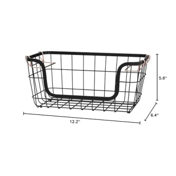 Amazon Basics Stackable Metal Wire Rectangular Storage Basket Set For Kitchen or Bathroom, 2 Count, Black