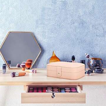 FEISCON Travel Jewelry Case Jewelry Organizer Box with Two Layer Portable Small Jewelry Storage Case Accessories Holder/Pink