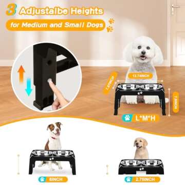 Elevated Dog Bowls for Small Medium Dogs 3 Height Adjustable Raised Dog Bowl Stand with 2 Thick 6" S...