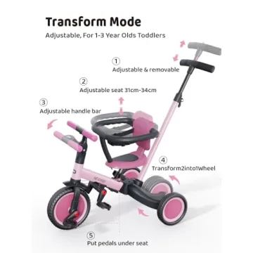 newyoo 5-in-1 Convertible Toddler Tricycle Pink TR008