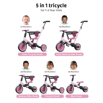 newyoo 5-in-1 Convertible Toddler Tricycle Pink TR008