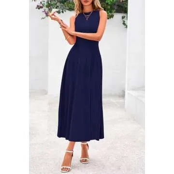 PRETTYGARDEN Women's Summer Midi Dresses 2025 Sleeveless Crewneck Knit A Line Pleated Swing Wedding Guest Casual Tank Dress(Navy,Medium)