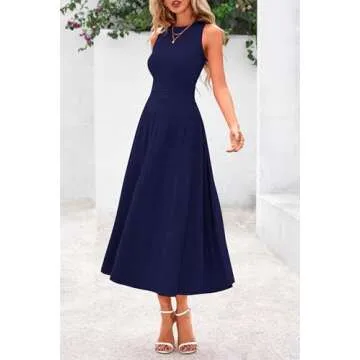 PRETTYGARDEN Women's Summer Midi Dresses 2025 Sleeveless Crewneck Knit A Line Pleated Swing Wedding Guest Casual Tank Dress(Navy,Medium)