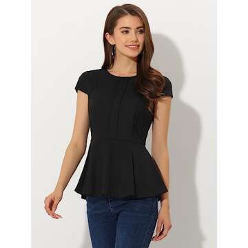 Allegra K Women's Elegant Dressy Round Neck Workwear Cap Sleeve Peplum Blouse Top X-Large Black