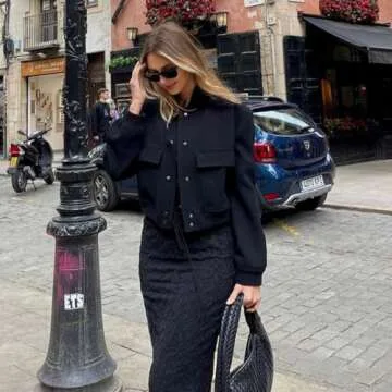 Zando Black Bomber Jacket Women Short Jacket Button Down Cropped Jacket with Pockets Womens Bomber Jackets Long Sleeve Baseball Jacket Varsity Jacket Women's Casual Jackets Outwear Ladies Jackets S