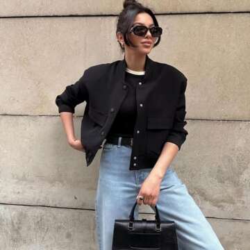 Zando Black Bomber Jacket Women Short Jacket Button Down Cropped Jacket with Pockets Womens Bomber Jackets Long Sleeve Baseball Jacket Varsity Jacket Women's Casual Jackets Outwear Ladies Jackets S