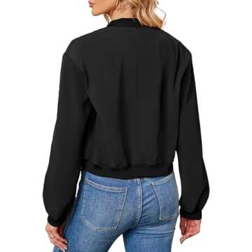 Zando Black Bomber Jacket Women Short Jacket Button Down Cropped Jacket with Pockets Womens Bomber Jackets Long Sleeve Baseball Jacket Varsity Jacket Women's Casual Jackets Outwear Ladies Jackets S