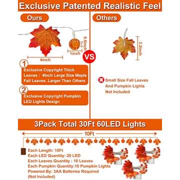 3 Pack Thanksgiving Decorations Fall Garland with Pumpkin Lights & Enlarged Maple Fall String Lights...