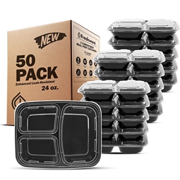 Freshware 50 Pack Meal Prep Containers - Versatile 3 Compartment Bento Boxes