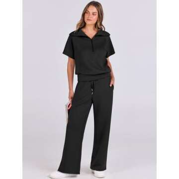 ANRABESS Women 2 Piece Outfits Sweatsuit Summer Half Zip Sweatshirt Wide Leg Pant Sweat Lounge Set Athletic Tracksuits