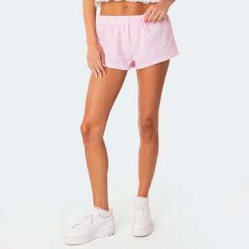 NUFIWI Women Y2k Pajamas Shorts Gingham Cute Pj Short Pants Plaid Lounge Shorts Sleep Bottoms Elastic Boxers Streetwear(Fab Pink,S)