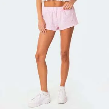 NUFIWI Women Y2k Pajamas Shorts Gingham Cute Pj Short Pants Plaid Lounge Shorts Sleep Bottoms Elastic Boxers Streetwear(Fab Pink,S)