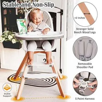 Baby High Chair, Wooden High Chair with Removable Tray and Adjustable Legs for Baby/Infants/Toddlers