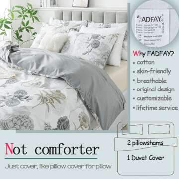 FADFAY Floral Duvet Cover Sets King/Cal King 100% Cotton Ink Grey Vintage Flower Patterned Hydrangea...