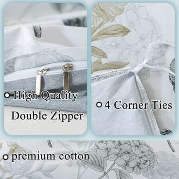 FADFAY Floral Duvet Cover Sets King/Cal King 100% Cotton Ink Grey Vintage Flower Patterned Hydrangea Comforter Cover Farmhouse Bedding for All Season Soft Crisp Luxury Bed Cover with Zipper 3 Pieces