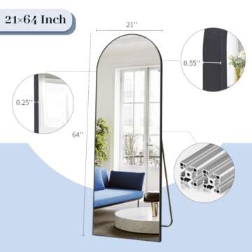 BEAUTYPEAK 64"x21" Arch Floor Mirror, Full Length Mirror Wall Mirrors Hanging or Leaning Arched-Top Full Body Mirror with Stand for Bedroom, Dressing Room, Black