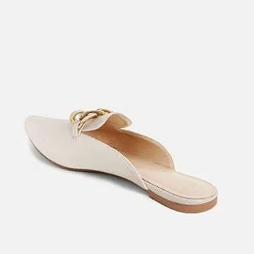 Juliet Holy Womens Mules Flats Pointed Toe Backless Loafers Slip on Metal Chain Slides Cream