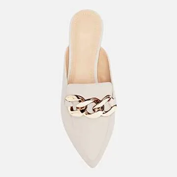 Juliet Holy Womens Mules Flats Pointed Toe Backless Loafers Slip on Metal Chain Slides Cream