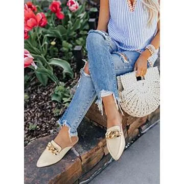 Juliet Holy Womens Mules Flats Pointed Toe Backless Loafers Slip on Metal Chain Slides Cream