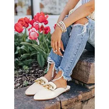 Juliet Holy Womens Mules Flats Pointed Toe Backless Loafers Slip on Metal Chain Slides Cream