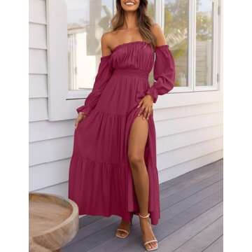 ZESICA Women's Boho Sexy Off Shoulder Long Sleeve Smocked High Waist Side Split Flowy A Line Tiered Long Maxi Dress,Fuchsia,Medium