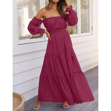 ZESICA Women's Boho Sexy Off Shoulder Long Sleeve Smocked High Waist Side Split Flowy A Line Tiered Long Maxi Dress,Fuchsia,Medium