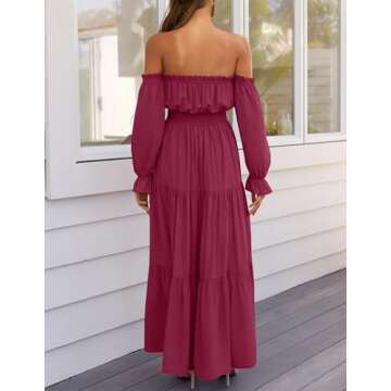 ZESICA Women's Boho Sexy Off Shoulder Long Sleeve Smocked High Waist Side Split Flowy A Line Tiered Long Maxi Dress,Fuchsia,Medium