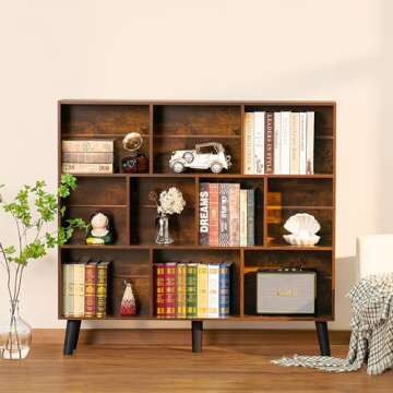 LEYAOYAO 10 Cube Bookshelf,3 Tier Modern Wide Bookcase with Legs,Mid-Century Wood Bookshelves Storag...