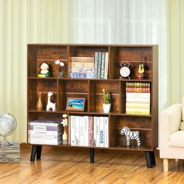 LEYAOYAO 10 Cube Bookshelf,3 Tier Modern Wide Bookcase with Legs,Mid-Century Wood Bookshelves Storage，Brown Large Book Case,Freestanding Organizer Display Shelf for Bedroom,Living Room,Office