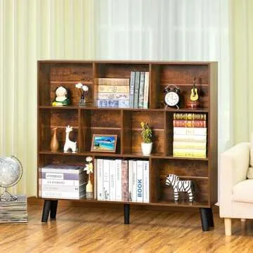 LEYAOYAO 10 Cube Bookshelf,3 Tier Modern Wide Bookcase with Legs,Mid-Century Wood Bookshelves Storage，Brown Large Book Case,Freestanding Organizer Display Shelf for Bedroom,Living Room,Office