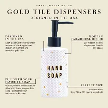 Sweet Water Decor Gold Tile Hand Soap Dispenser | Refill Hand Soap Dispenser | 8.5 oz Refillable White and Gold Honeycomb Design Tile Dispenser | Rustic, Modern, Farmhouse Gift