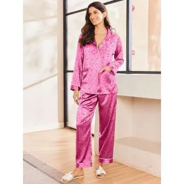 Ekouaer Silk Pajamas for Women Classic Button Down Satin Pajama Sets Long Sleeve Lounge Set
