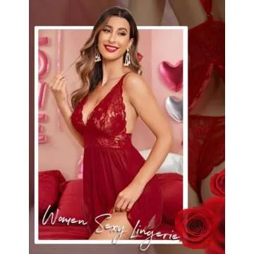 Avidlove Women Lingerie Lace Babydoll Halter Teddy V Neck Nightgown Dark Red L