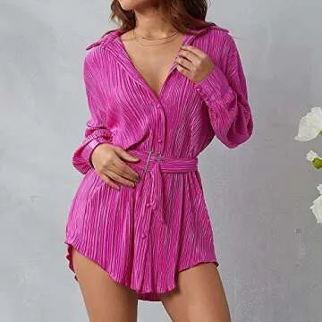 ABYOVRT Women Shirt Dresses Long Sleeve Pleated Mini Dress Casual Button Down Tunic Tops with Belt V...