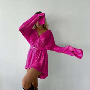 ABYOVRT Women Shirt Dresses Long Sleeve Pleated Mini Dress Casual Button Down Tunic Tops with Belt Vintage Streetwear (B-Rose red Samll)