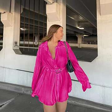 ABYOVRT Women Shirt Dresses Long Sleeve Pleated Mini Dress Casual Button Down Tunic Tops with Belt Vintage Streetwear (B-Rose red Samll)