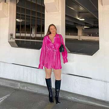 ABYOVRT Women Shirt Dresses Long Sleeve Pleated Mini Dress Casual Button Down Tunic Tops with Belt Vintage Streetwear (B-Rose red Samll)