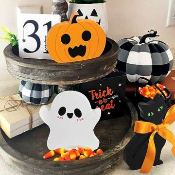 COCHIE Cute Halloween Tiered Tray Decorations Indoor, Ghost Wooden Decor Pumpkin Blocks Signs for Party Home Decoration (Set of 3)